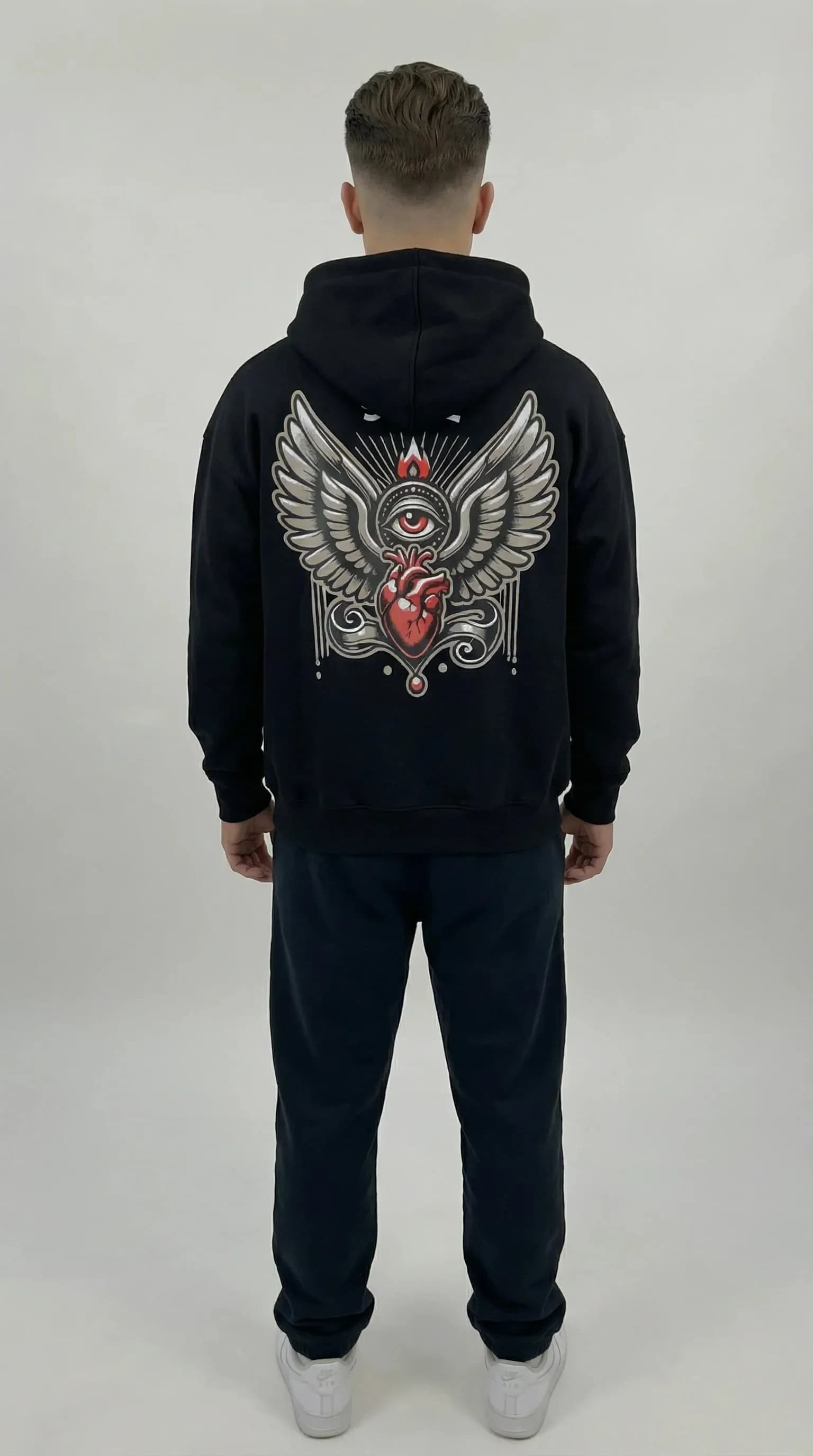 STSL® Black ZIP Hoodie back print Heart (450 GSM)