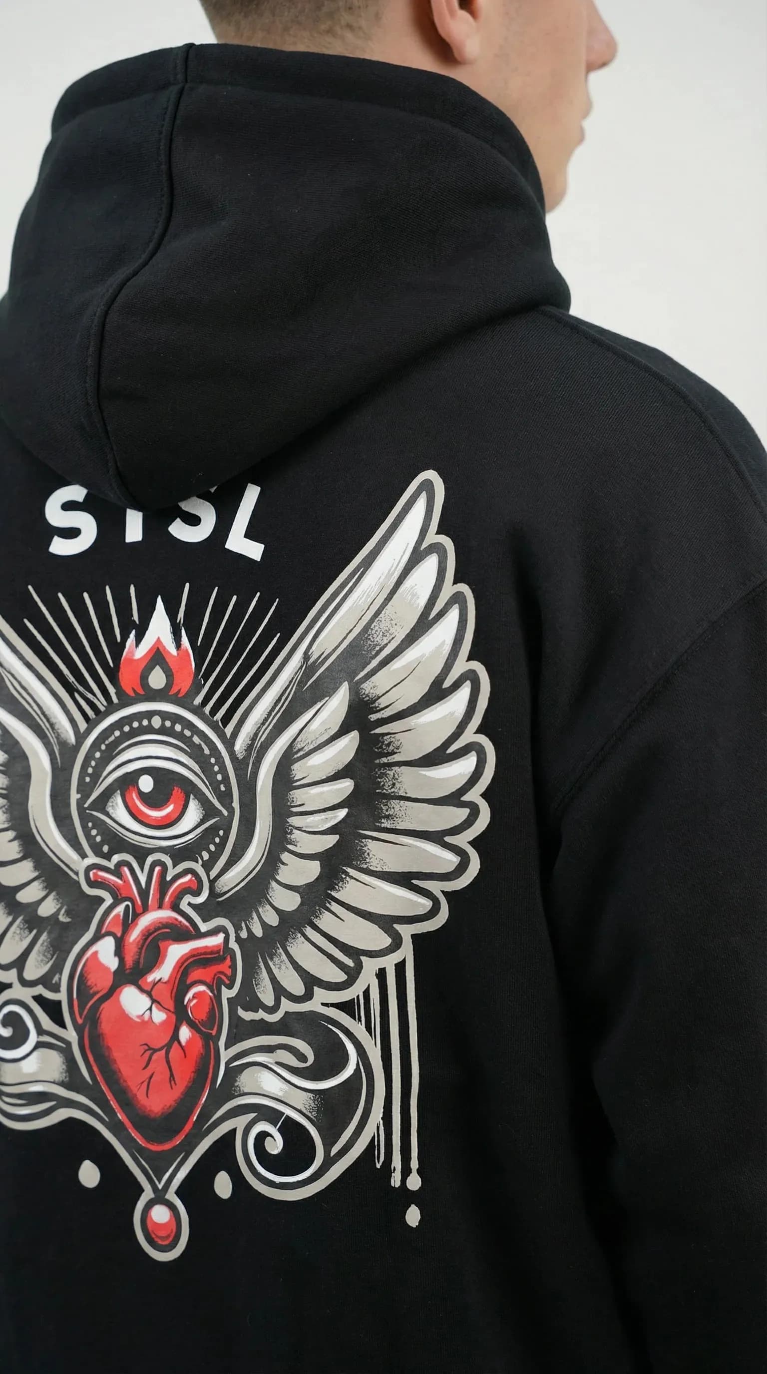 STSL® Black ZIP Hoodie back print Heart (450 GSM)
